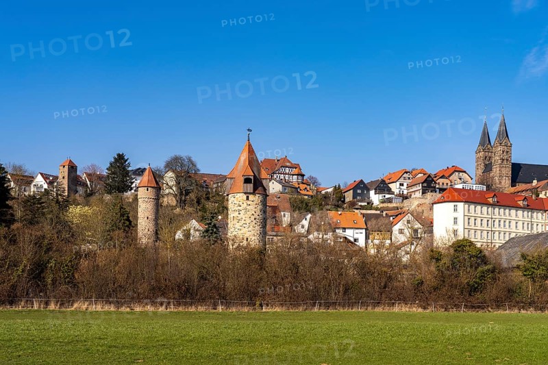 Town view with towers of the town wall and St Peter's Cathedral, Fritzlar, Schwalm-Eder district, Hesse, Germany, Europe