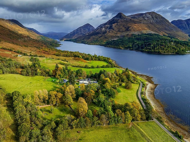 Fjord, coast, mountain landscape, cultural landscape, autumn, clouds, aerial view, Loch Leven, Scotland, Great Britain