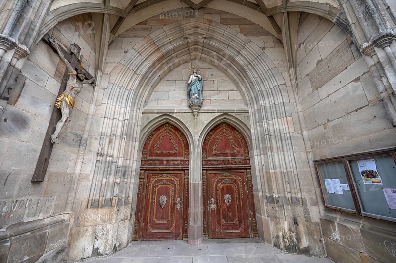 Male portal in Baroque style, late Gothic hall church of St George, Dinkelsbühl, Bavaria, Germany, Europe