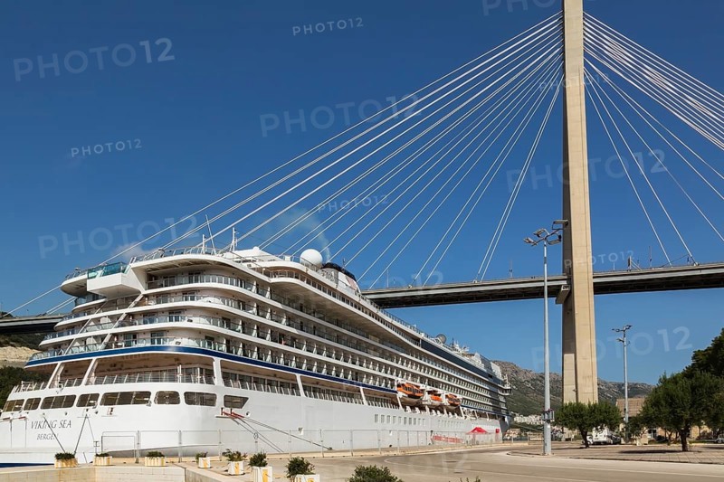 Docked Viking Sea cruise ship and Franjo Tudman bridge, Port of Gruz, Dubrovnik, Croatia, Europe