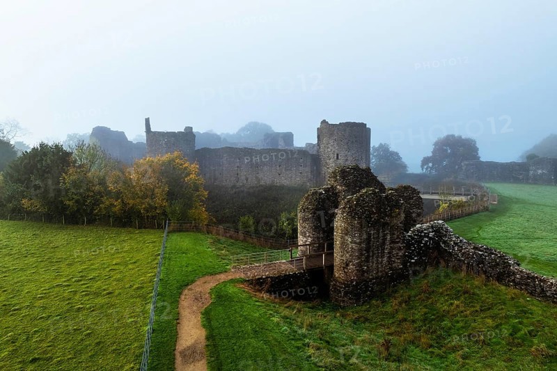 White Castle in the fog at dawn, Monmouthshire, Wales, England, United Kingdom, Europe
