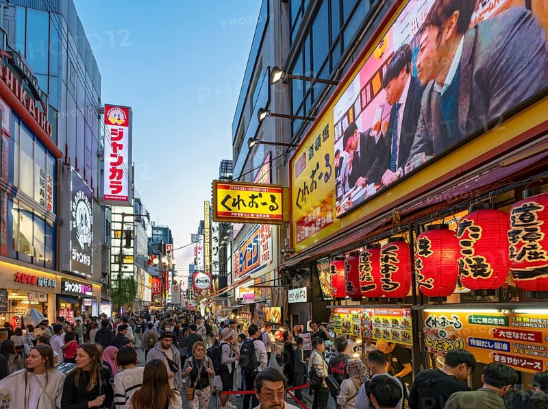 Night-time street with neon lights and illuminated signboards, Dotonbori district, Osaka, Japan, Asia