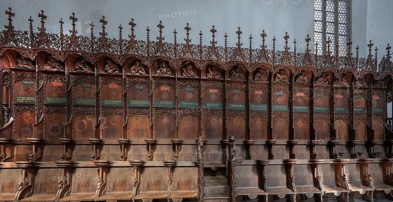 Late Gothic choir stalls from 1507, St Martin, Memmingen, Bavaria, Germany, Europe