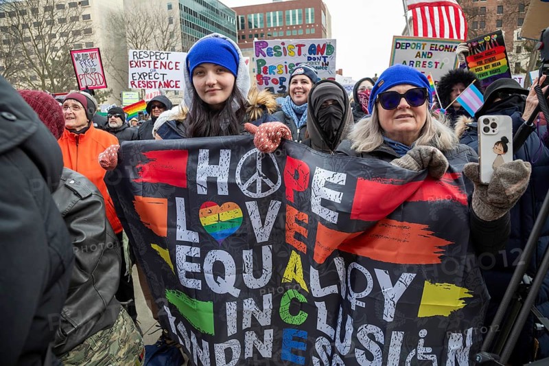 Lansing, Michigan USA - 5 February 2025 - People rally at the Michigan state capitol to oppose President Trump, Elon Musk, and Project 2025. Similar rallies were planned across the country, many of them at state capitols