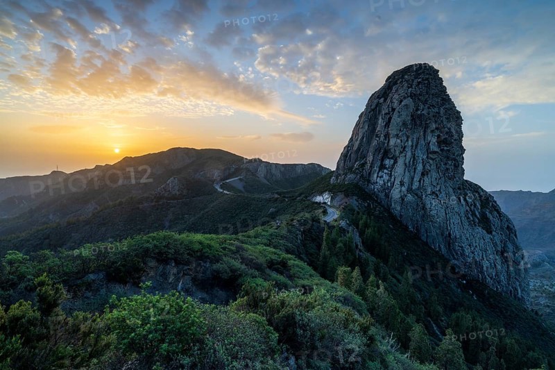 Roque de Agando rock tower at sunrise, Monumento Natural de los Roques, La Gomera, Canary Islands, Spain, Europe