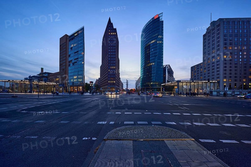 High-rise buildings Forum Tower, Kollhoff-Tower and Bahntower in the blue hour at Potsdamer Platz, dusk in Berlin, capital city, independent city, federal state Berlin, Germany, Europe