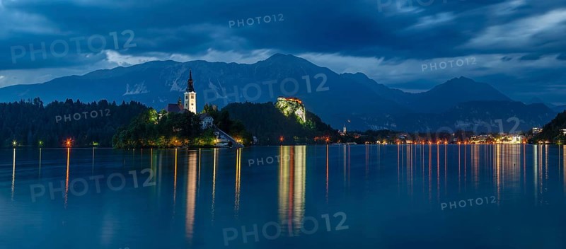 Castle and St Mary's Island with St Mary's Church, Lake Bled, Bled, Slovenia, Europe