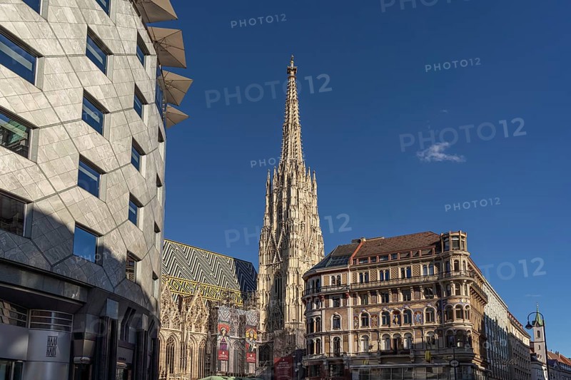 St Stephen's Cathedral and Haus Zum goldenen Becher in Vienna, Austria, Europe