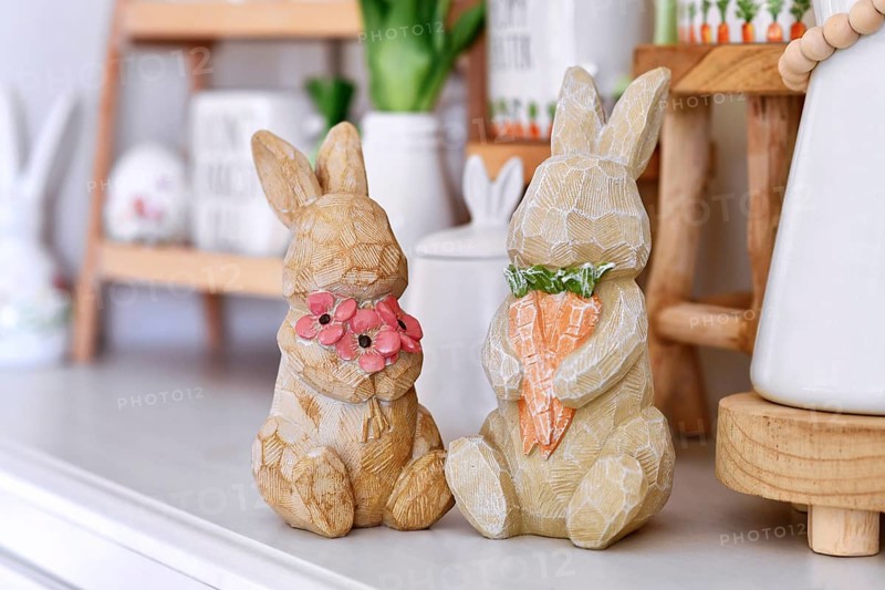 Pair of cute rustic Easter bunny decoration with flowers and carrots