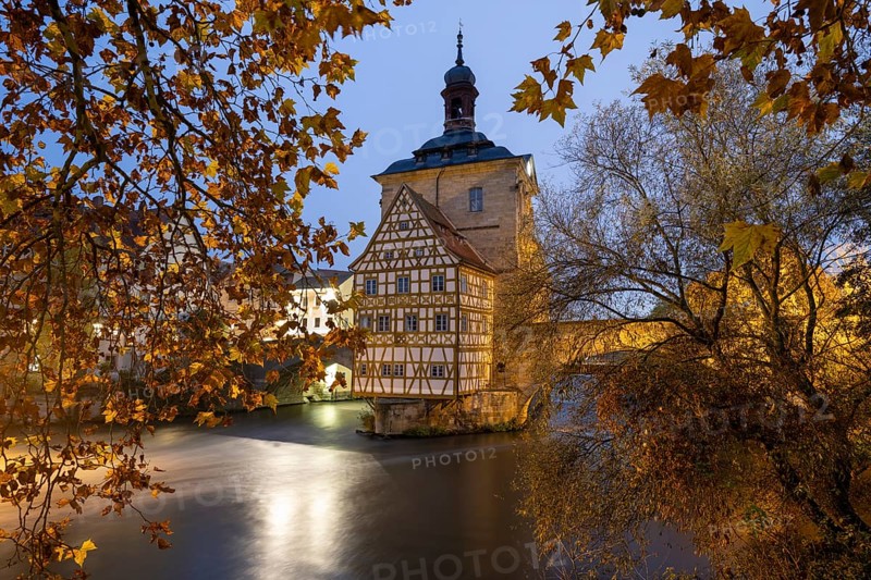 The old town hall on the river Regnitz, Blue Hour, Bamberg, Upper Franconia, Bavaria, Germany, Europe
