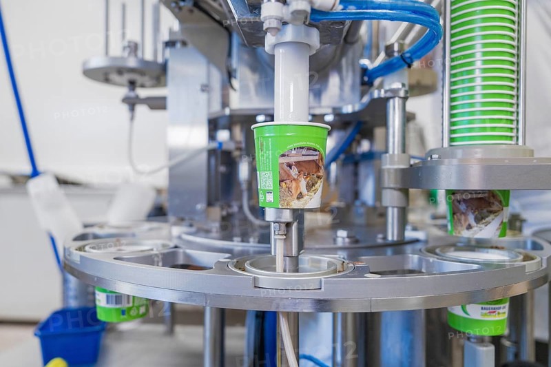 Industrial filling machine fills ice cream into green tubs, ice cream production Haselstaller Hof, Calw district, Black Forest, Germany, Europe