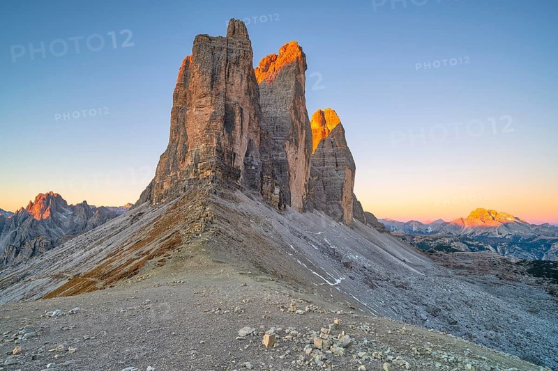 Three Peaks in the morning light, summit glow, Forcella Lavaredo, Sesto Dolomites, South Tyrol, Italy, Europe