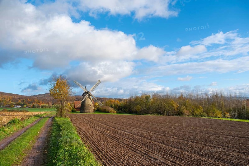 View of the Eisbergen windmill or Röckemann's mill, Porta Westfalica, Minden Lübbecke district, Weserbergland, North Rhine-Westphalia, Germany, Europe