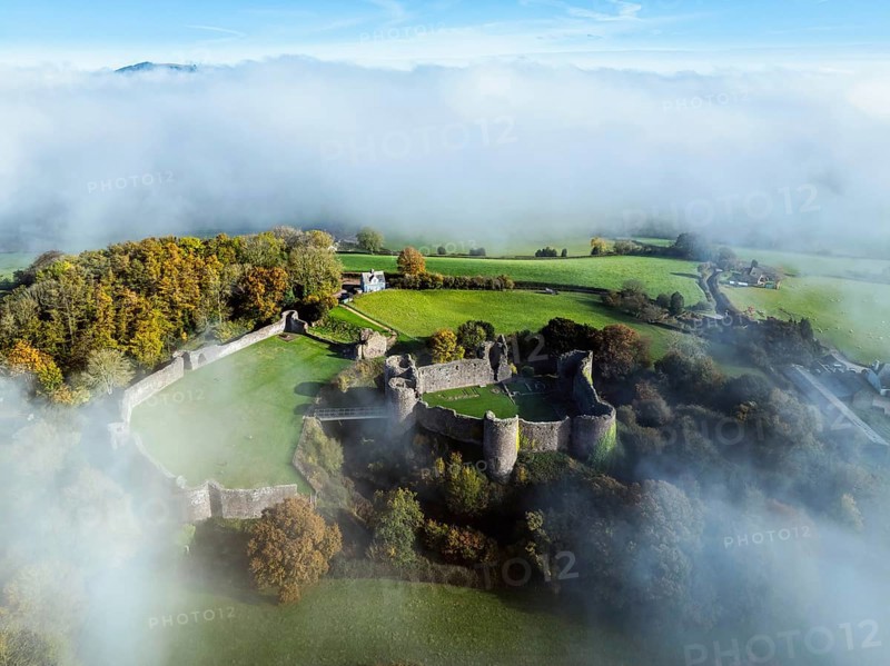 White Castle in the fog at dawn, Monmouthshire, Wales, England, United Kingdom, Europe