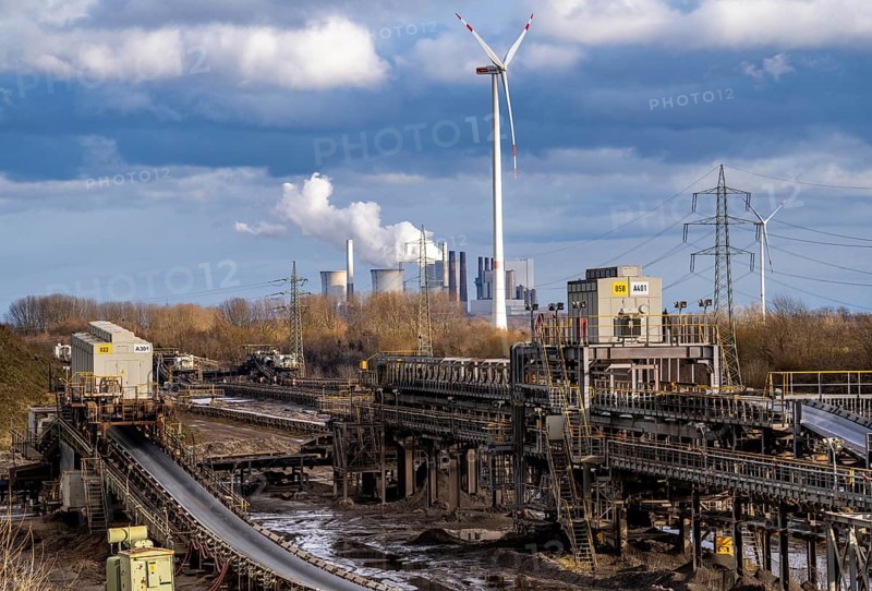 RWE Power lignite power plant Neurath, conveyor belts in opencast mining, for overburden and coal, near Grevenbroich, power plant units, chimneys, cooling towers, North Rhine-Westphalia, Germany, Europe