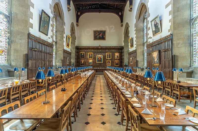 Medieval dining room of the New College of the University of Oxford, Oxfordshire, England, Great Britain