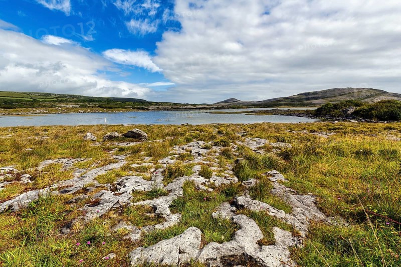 Karst landscape, lake on the horizon, Burren National Park, County Clare, Ireland, Europe