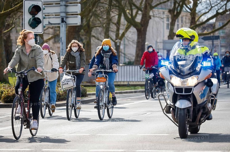 Essen, North Rhine-Westphalia, Germany - Fridays for Future, climate activists demonstrate in times of the corona pandemic corona-compliant with mask and distance under the motto #NoMoreEmptyPromises in the form of a bicycle demonstration
