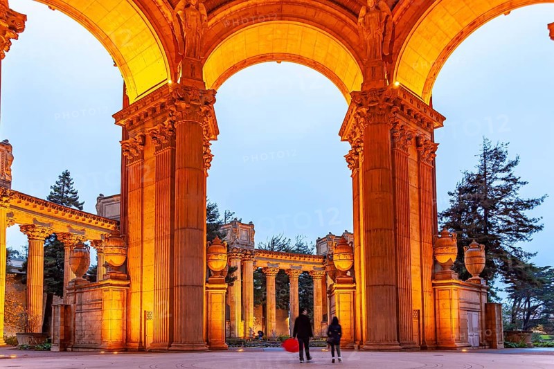 The illuminated Palace of Fine Arts in the Marina District in San Francisco at night, California, United States of America, USA, North America