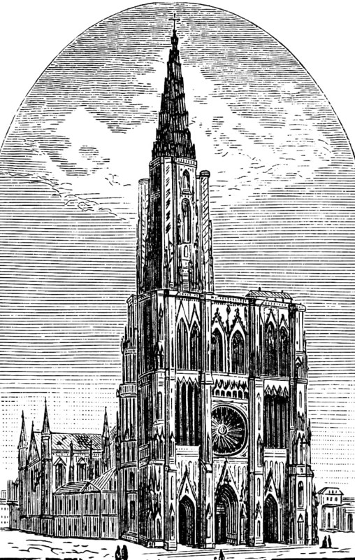 The Cathedral of Our Lady of Strasbourg or Strasbourg Cathedral, Cathédrale de Strasbourg, Alsace, Romanesque-Gothic basilica, west façade with entrance, rose window, tower, journey, France, historical illustration 1885, Europe