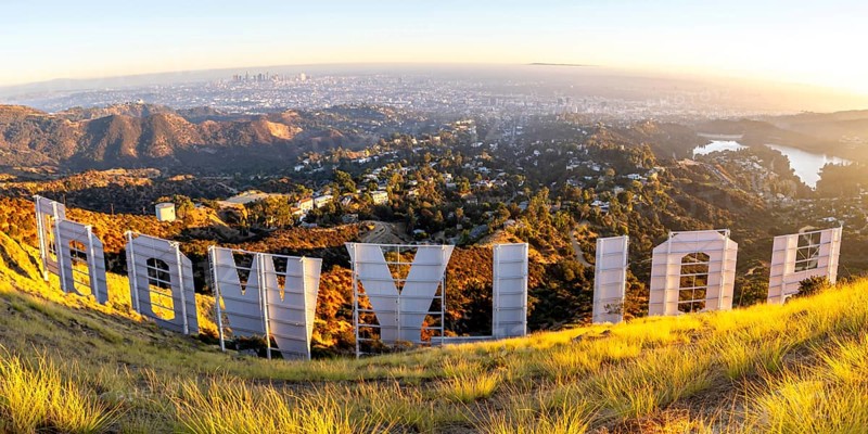 Hollywood Sign sign on Mount Lee Panorama with a view of Los Angeles, USA, North America