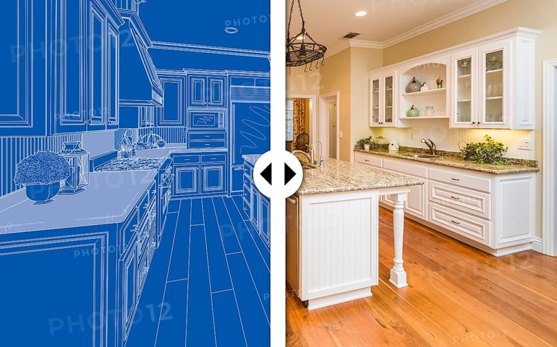 Before and after slider comparing blueprint sketch drawing plans and completed custom kitchen