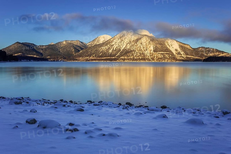 Morning light, sunrise, mountain lake, mountain landscape, reflection, winter, snow, long exposure, Walchensee, Herzogstand, Heimgarten, Bavaria, Germany, Europe