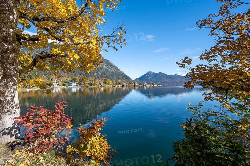 Aspect view over the lake to the village Walchensee, Walchensee with Jochberg, lake with reflection, yellow and red autumn leaves, Upper Bavaria, Bavaria, Germany, Europe