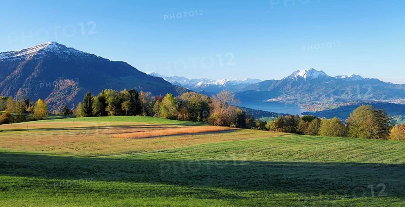View from Zugerberg to Lake Lucerne, Rigi and Pilatus in the background, Canton Zug, Switzerland, Europe