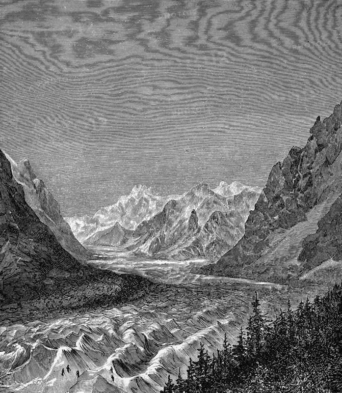 Mountain landscape with the glacier Mer de Glace, sea of ice, in the Mont Blanc region of the French Alps, climate, climate change, global temperature rise, travel, France, historical illustration 1885, Europe