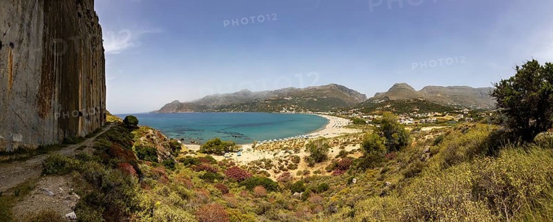 View from the Sarella peninsula to the bay and beach of Plakias, south coast, Crete, Greece, Europe
