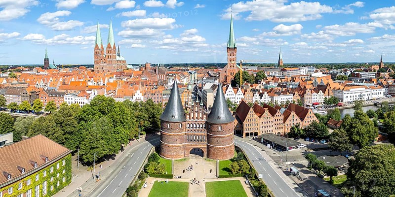 Holstentor Holsten Tor aerial view panorama in the Hanseatic city of Lübeck, Germany, Europe