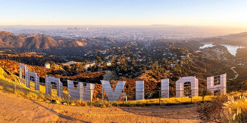 Hollywood Sign sign on Mount Lee Panorama with a view of Los Angeles, USA, North America