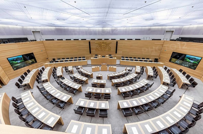 State parliament of Baden-Württemberg. Empty plenary hall, state coat of arms. Stuttgart, Baden-Württemberg, Germany, Europe
