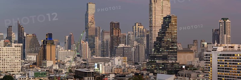 Panorama from the viewing platform of the Iconsiam of the skyscrapers, hotels and the Bang Rak banking district, skyline of Bangkok, Thailand, Asia