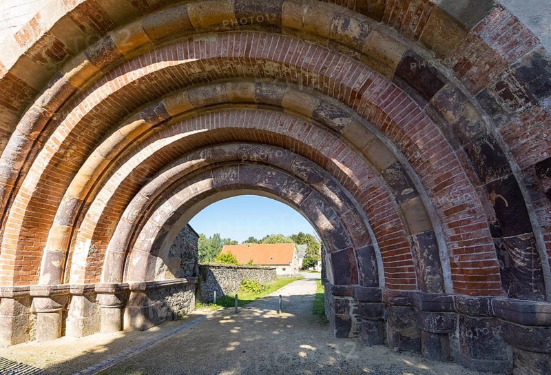 Romanesque portal as historical entrance to Altzella Monastery, Nossen, Saxony, Germany, Europe