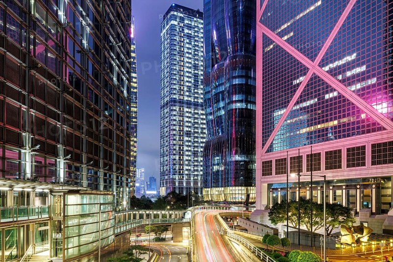 Hong Kong at night traffic with skyscrapers in Central district in Hong Kong, China, Asia