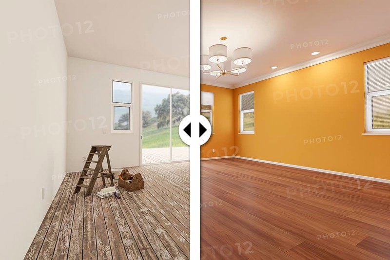 Before and after slider comparing the unfinished condition and the completed yellow painted and remodeled room interior