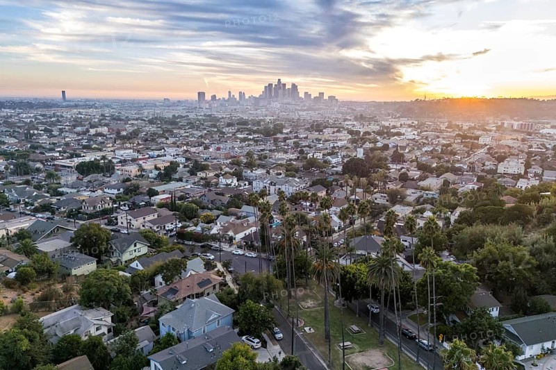 Los Angeles skyline aerial view with palm trees and downtown at sunset in California in Los Angeles, USA, North America