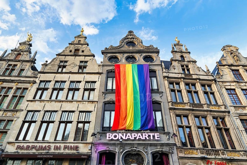 Guild houses, façade with rainbow flag, typical architecture on the Grote Markt, Antwerp, Flanders, Belgium, Europe