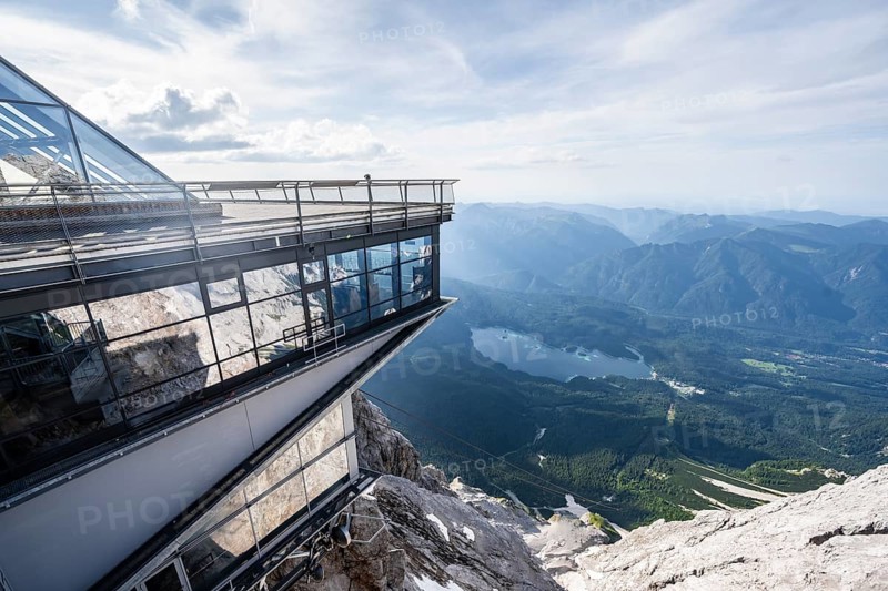 Modern mountain station of the Bavarian Zugspitze railway, mountain railway, view from the summit of the Zugspitze to the Eibsee lake, Wetterstein range, Wetterstein range, Bavaria, Germany, Europe