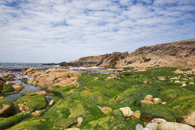 Rocky west coast of the Quiberon peninsula in Brittany, France, with a partly cloudy sky and algae covered rocks, Europe