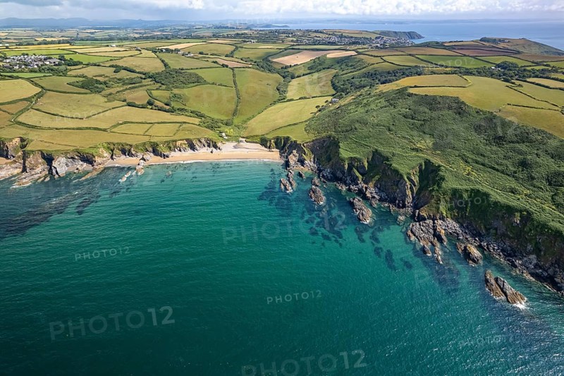 Hemmick Beach and the coast of St Austell seen from the air, Cornwall, England, United Kingdom, Europe