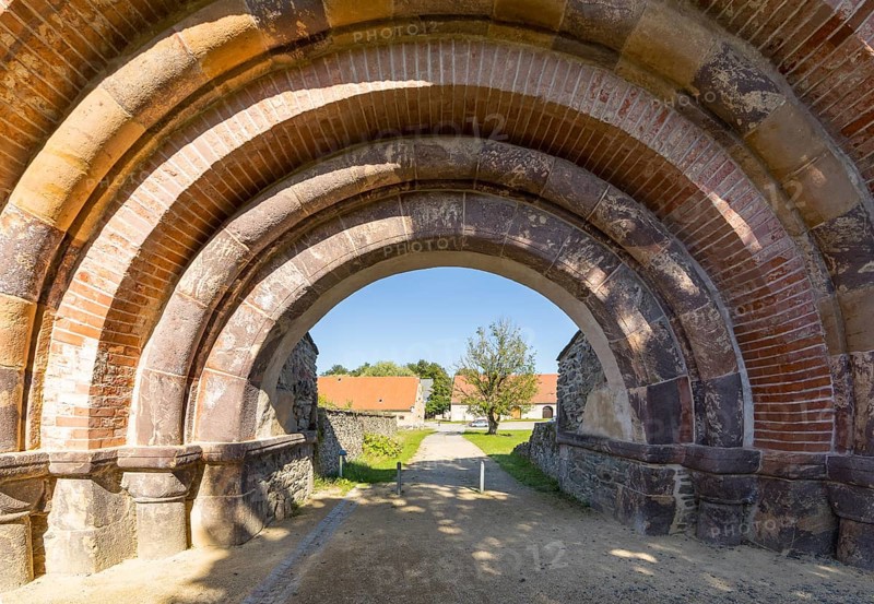 Romanesque portal as historical entrance to Altzella Monastery, Nossen, Saxony, Germany, Europe