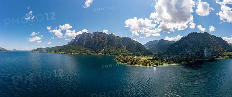 Drone image, Weißenbach am Attersee with Höllengebirge, Salzkammergut, Upper Austria, Austria, Europe