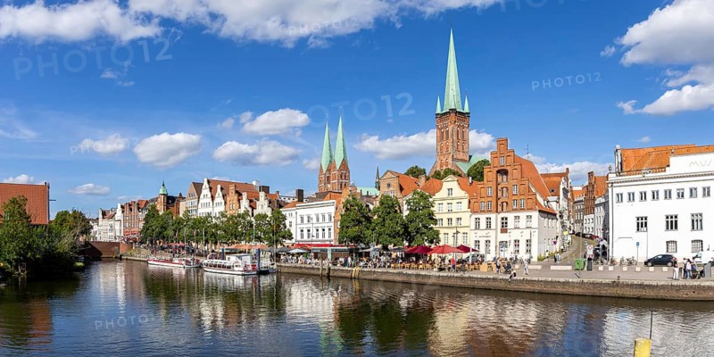 Lübeck old town with river Trave panorama in the Hanseatic city of Lübeck, Germany, Europe