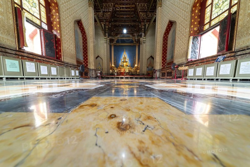 Golden Buddha statue, Bhumispara-mudra, Buddha Gautama at the moment of enlightenment, in the marble temple, Wat Benchamabophit, Bangkok, Thailand, Asia
