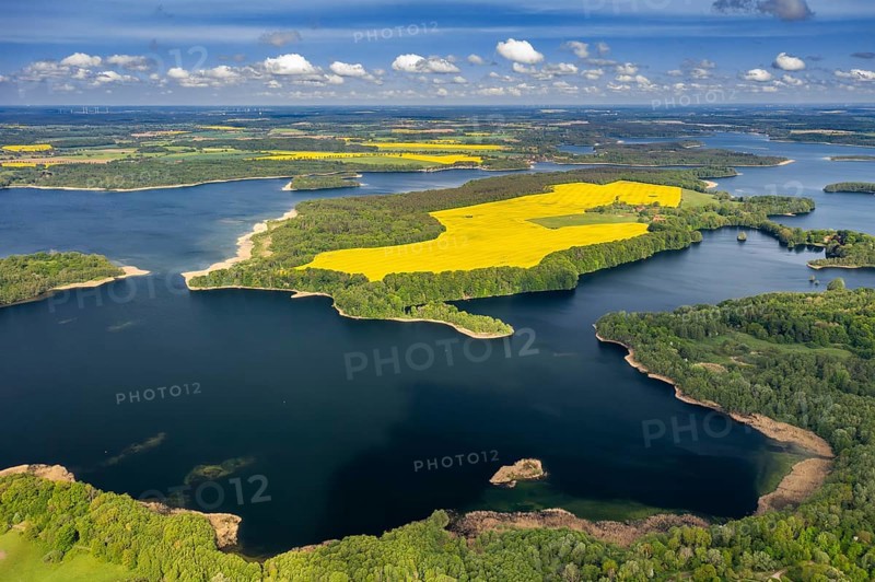 Aerial view over lake Schaalsee at Biosphärenreservat Schaalsee in spring, Schleswig-Holstein, Germany, Europe