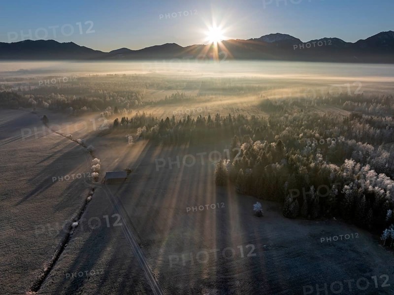 Sunrise, fog, hoarfrost, mountains, winter, forest, backlight, aerial view, Loisach-Lake Kochel moor, behind Benediktenwand, Alpine foothills, Bavaria, Germany, Europe
