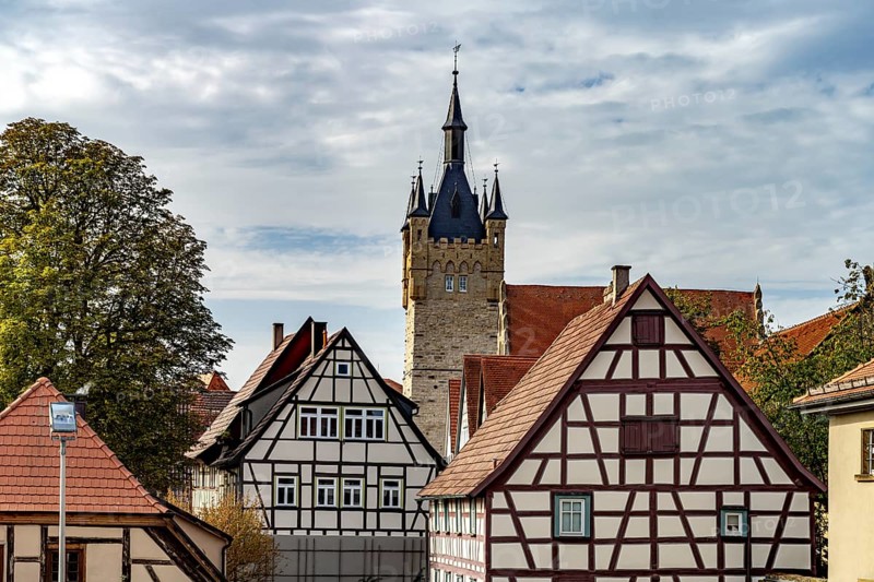 Blue Tower and half-timbered houses in Bad Wimpfen, Kraichgau, Baden-Württemberg, Germany, Europe